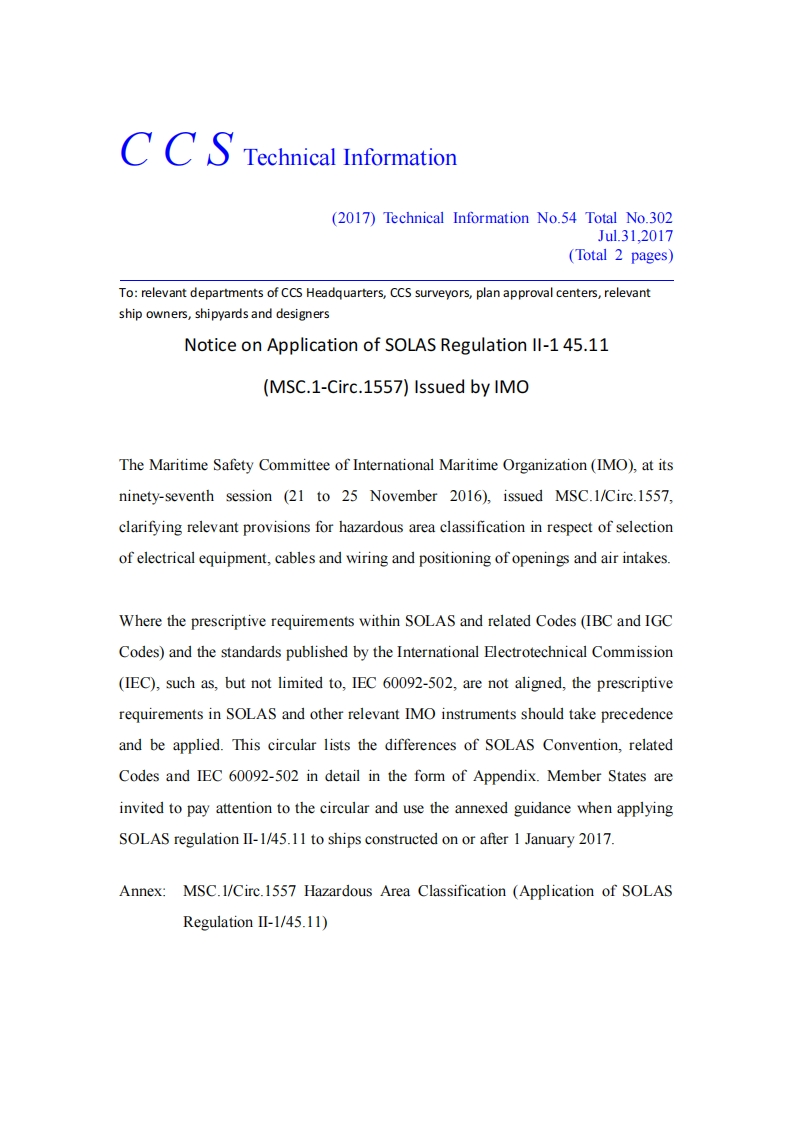 NoticeonApplicationofSOLASRegulationII-145.11(MSC.1-Circ.1557)IssuedbyIMO