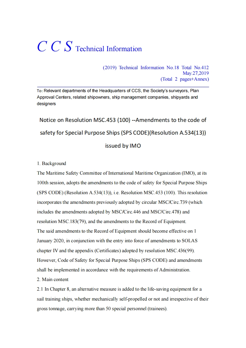 NoticeonResolutionMSC.453(100)issuedbyIMOAmendmentstothecodeofsafetyforSpecialPurposeShips(SPSCODE)(ResolutionA.534(13))