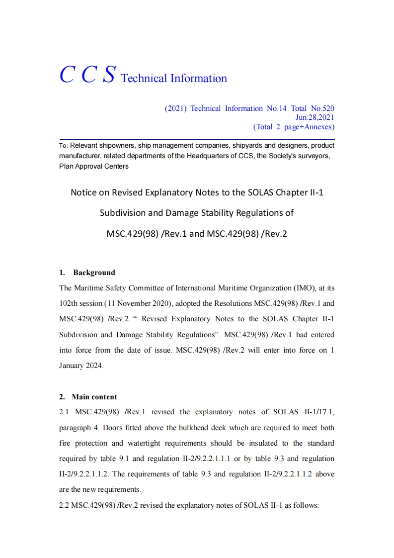 NoticeonRevisedExplanatoryNotestotheSOLASChapterII-1SubdivisionandDamageStabilityRegulationsofMSC.429(98)-Rev.1andMSC.429(98)-Rev.2
