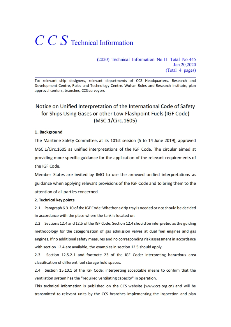 NoticeonUnifiedInterpretationoftheInternationalCodeofSafetyforShipsUsingGasesorotherLow-FlashpointFuels(IGFCode)(MSC.1Circ.1605)