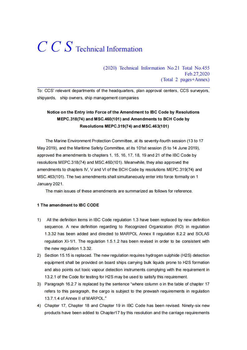 NoticeontheEntryintoForceoftheAmendmenttoIBCCodebyResolutionsMEPC.318(74)andMSC.460(101)andAmendmentstoBCHCode