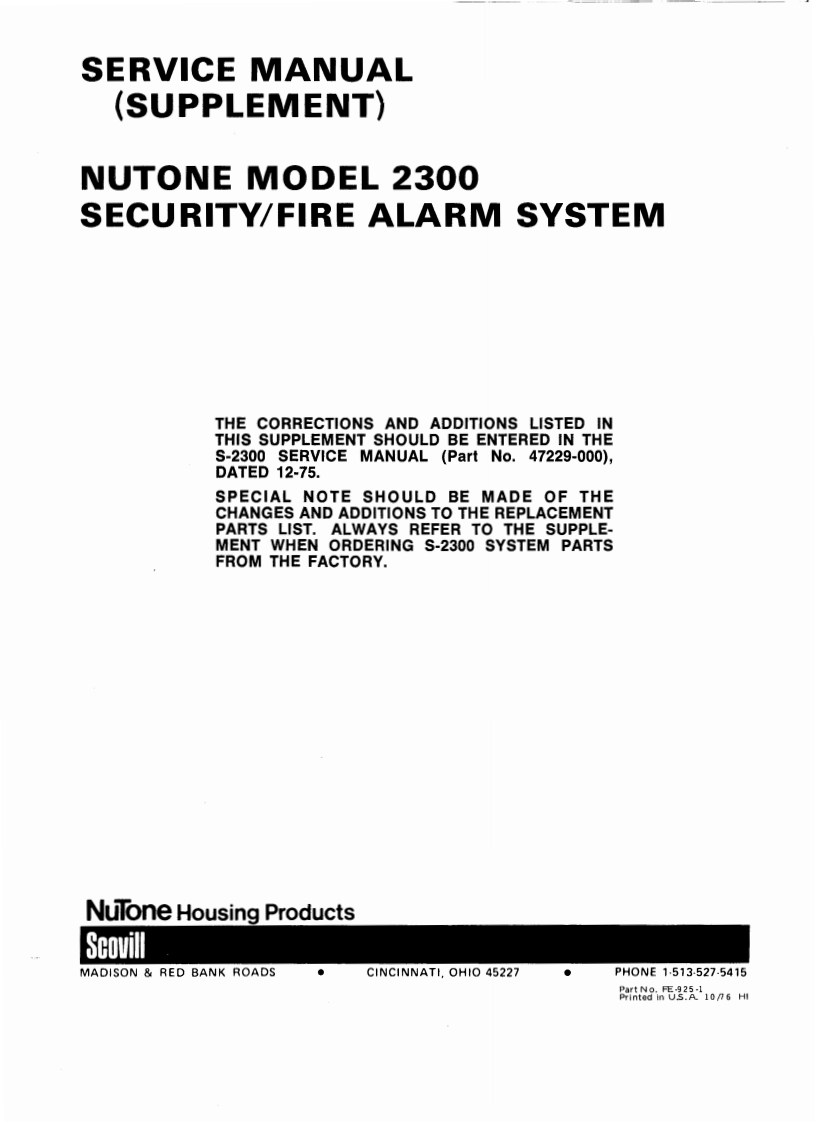 Nutone-2300-Alarm-System-维修手册-Supplement