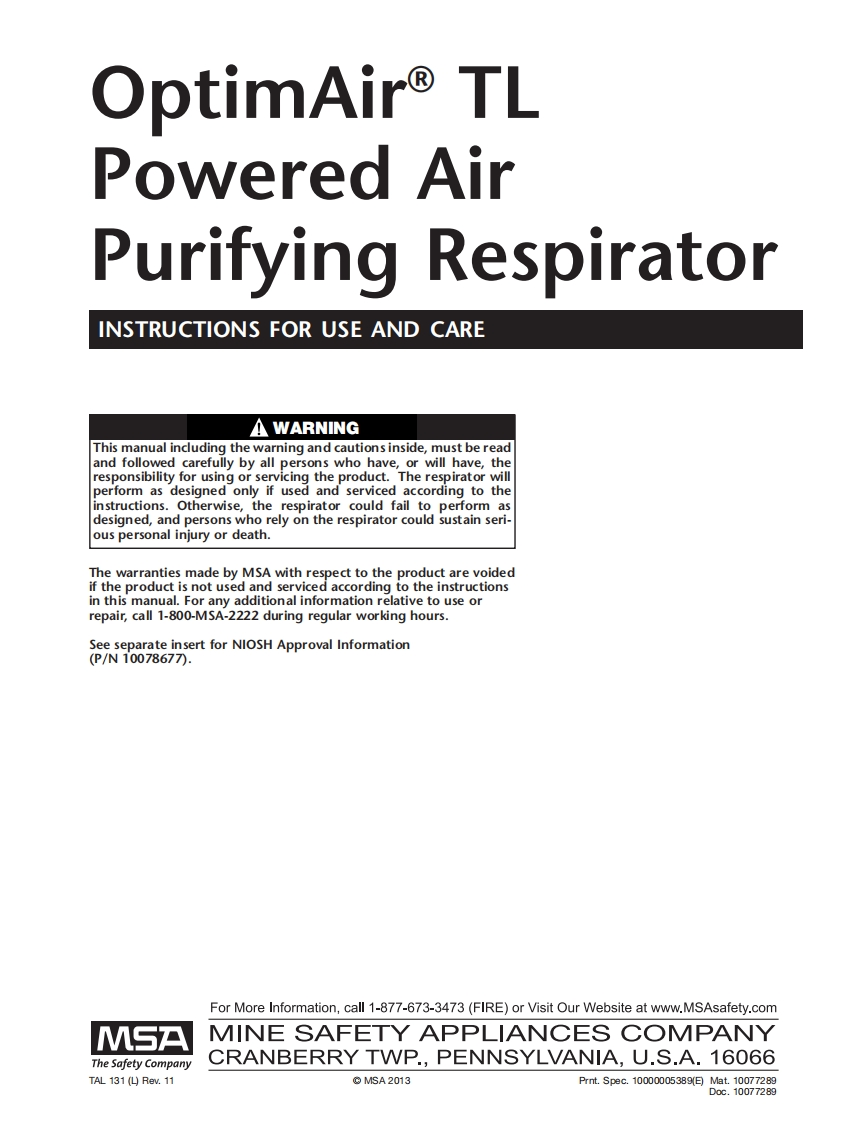 OptimAir_TL_PAPR_操作说明书手册_Powered_Respirators_MSA_Safety_Electrogas_Monitors