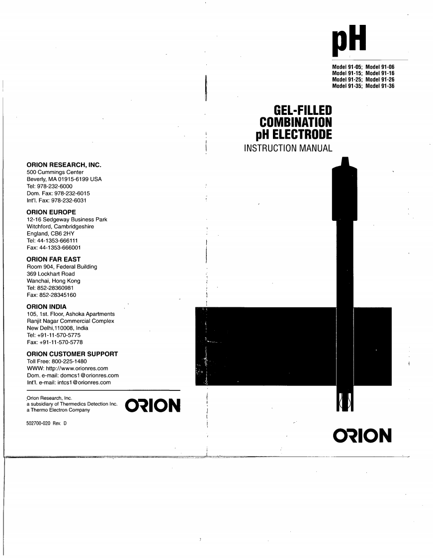 Orion_Model_91-XX_Gel-filled_Combination_pH_Electrode_操作说明书手册
