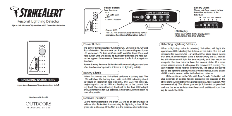 Outdoor_Technologies_StrikeAlert_Manual操作说明书手册