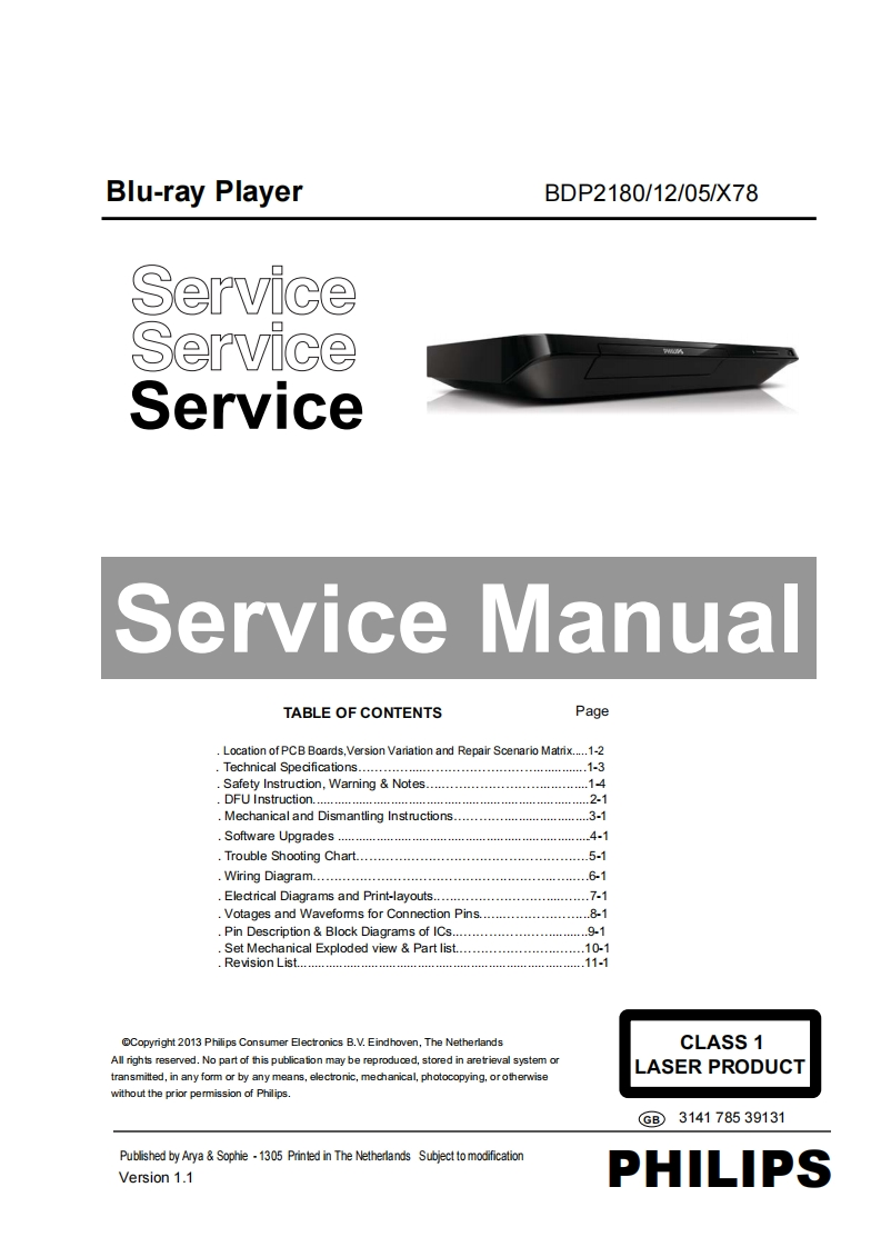 PHILIPS-BDP21801205X78-SERVICE-MANUAL维修手册含电器原理图