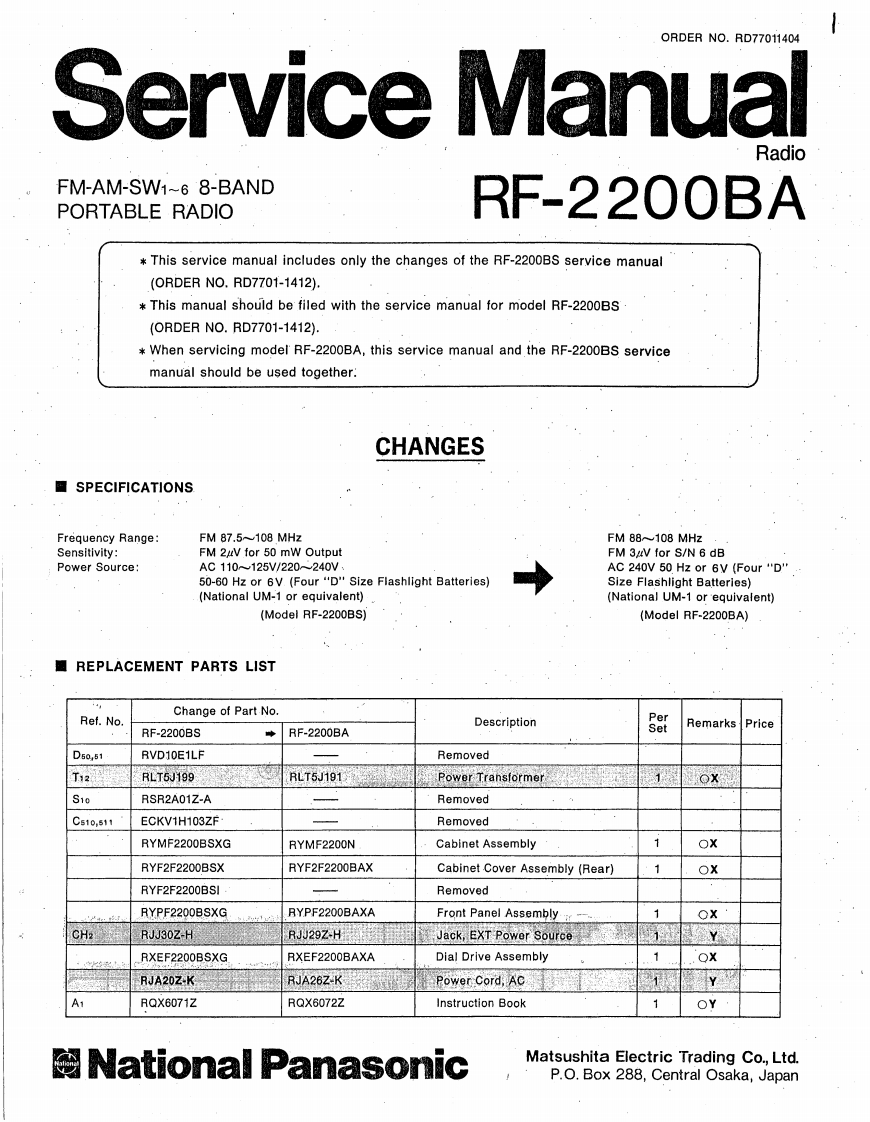 Panasonic_RF-2200BA_维修维护电器原理图手册