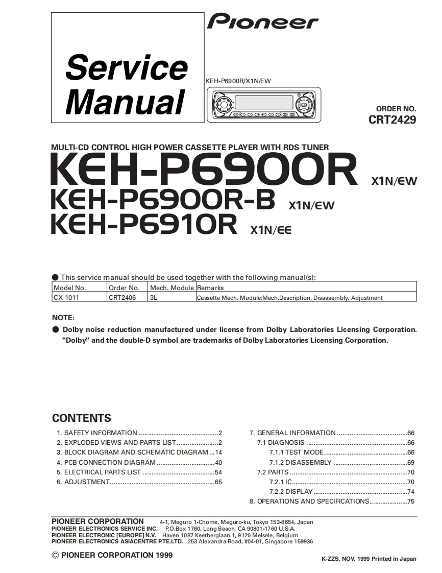 Pioneer--KEH-P6900R_P6900R_P6910R维修手册含电器原理图