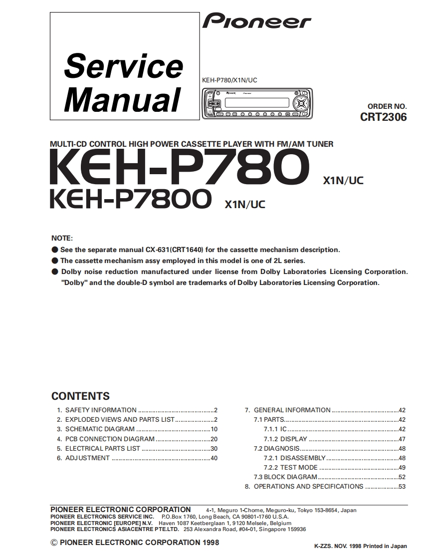 Pioneer--KEH-P780_P7800维修手册含电器原理图