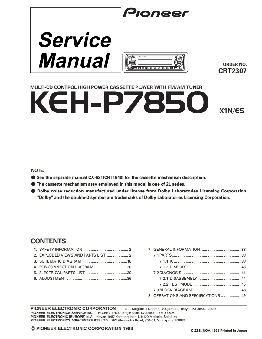 Pioneer--KEH-P7850维修手册含电器原理图