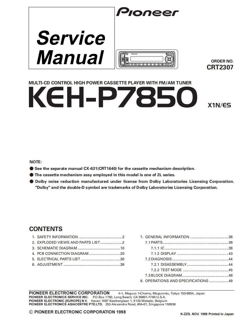 Pioneer--KEH-P7850维修手册含电器原理图