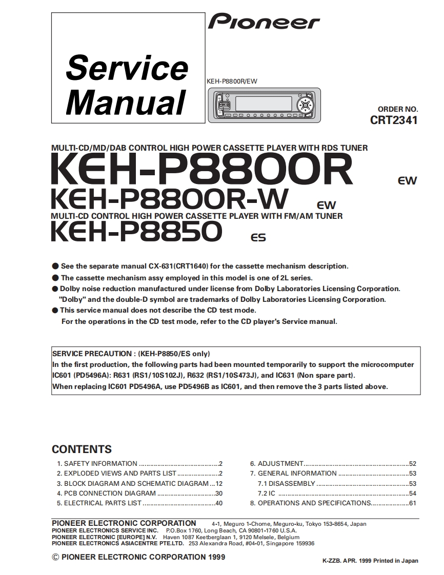 Pioneer--KEH-P8800R维修手册含电器原理图