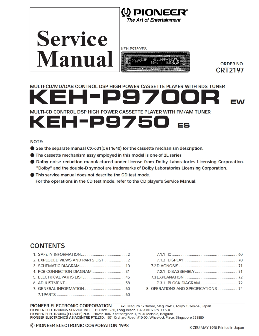 Pioneer--KEH-P9700R--P9750维修手册含电器原理图