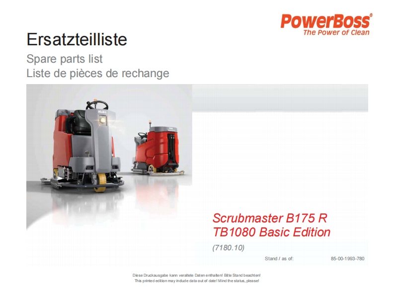 PowerBoss-Scrubmaster-B175R-PARTS-MANUAL-REV-A-88001993780维修零部件手册