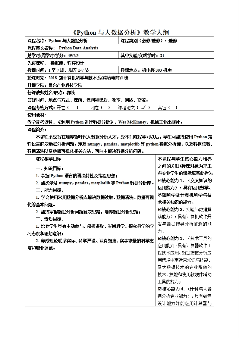 Python与大数据分析教学大纲程名称_Python与大数据分析课程类别(必修_选修)_选修