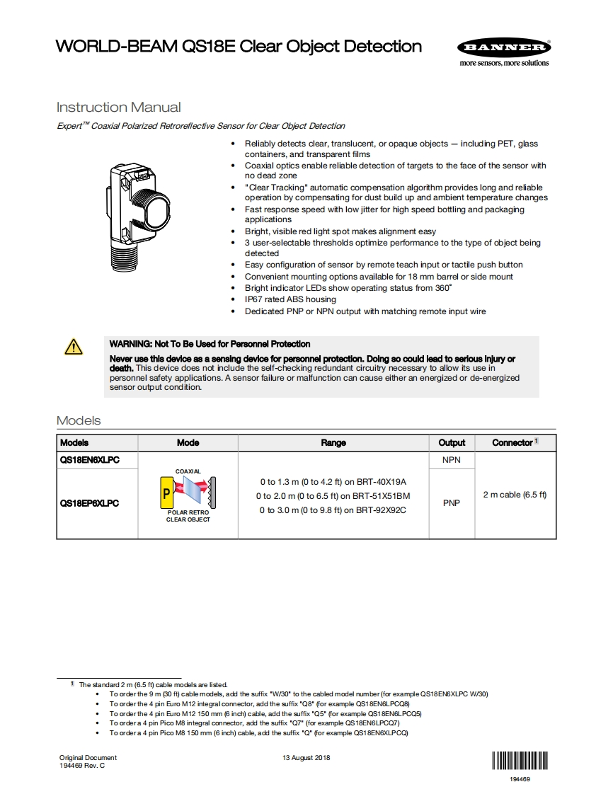 QS18E-Clear-Object-Detection-Instruction-操作说明书手册-194469