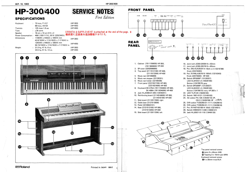 ROLAND_HP-300_HP-400_维修手册电器原理图