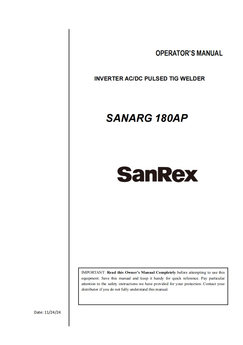 SANREX-SANARG-180AP-Operation-Manual-120324操作手册含电器原理图