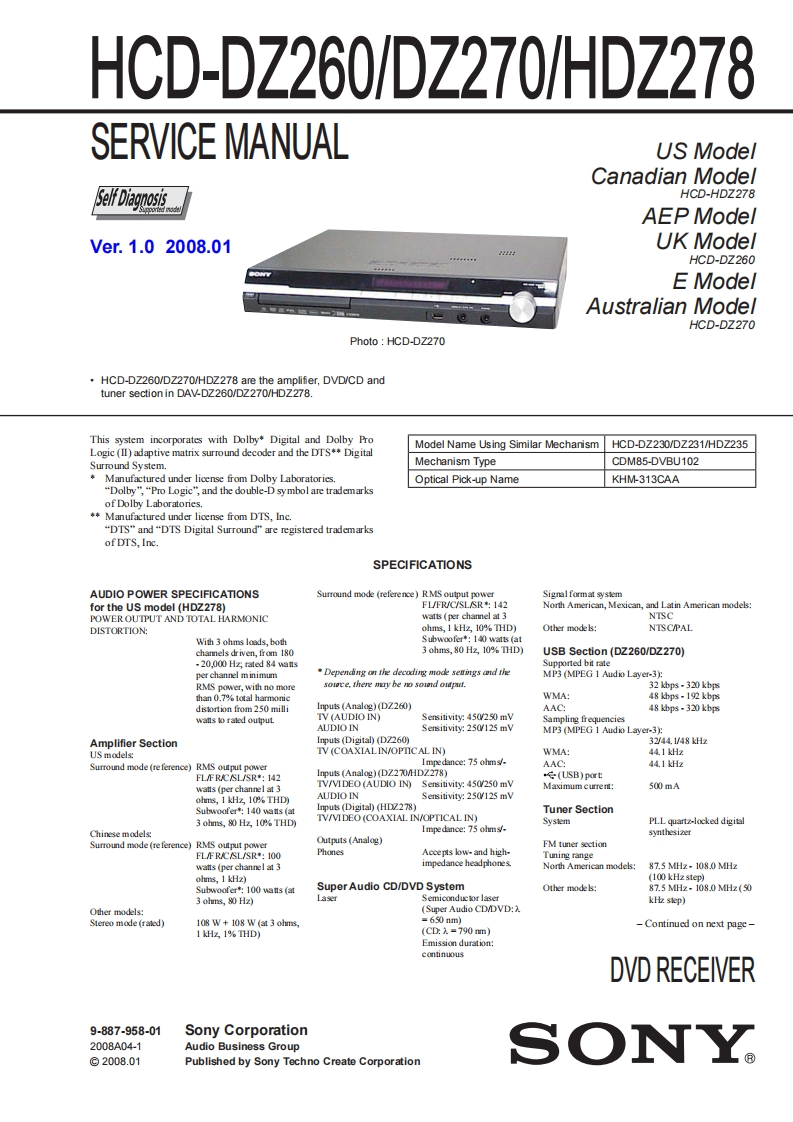 SONY-HCD-DZ260DZ270HDZ278-SERVICE-MANUAL维修手册含电器原理图