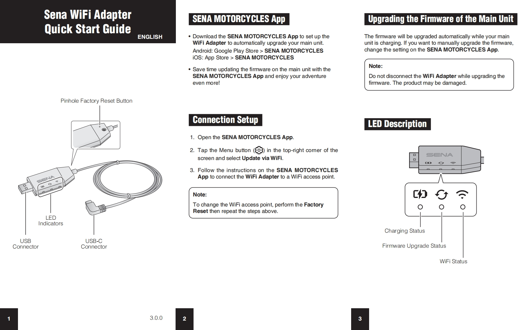 Sena30KMotorcycleBluetoothCommunicationSystem(30K-03)快速操作说明书手册WiFiAdapter