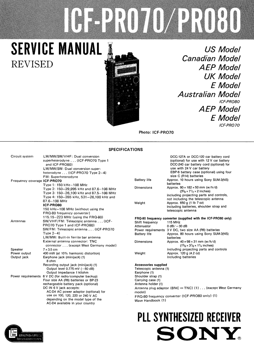 Sony_ICF-Pro70_ICF-Pro80_维修维护电器原理图手册_revised_1988