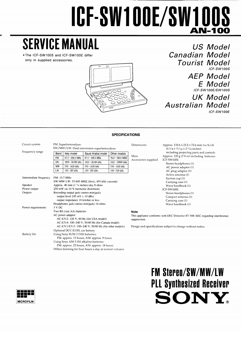 Sony_ICF-SW100E_ICF-SW100S_维修维护电器原理图手册_1997