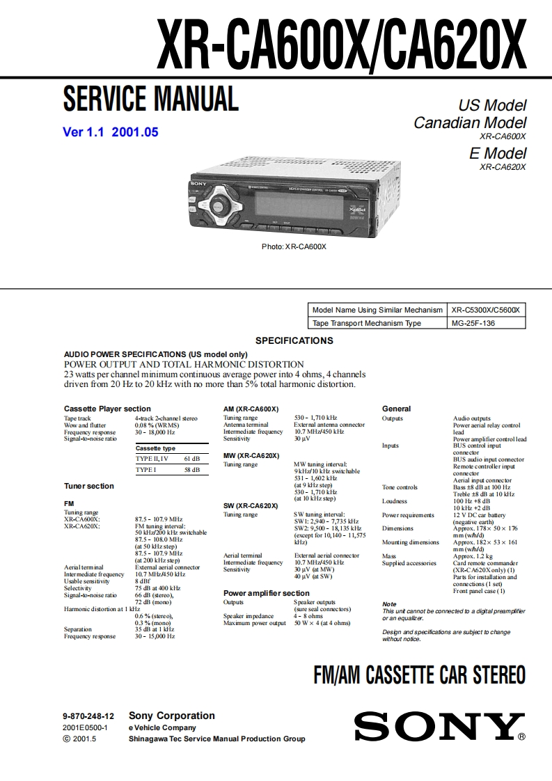 Sony_XR-CA600X_XR-CA620X_serv维修手册含电器原理图_2001