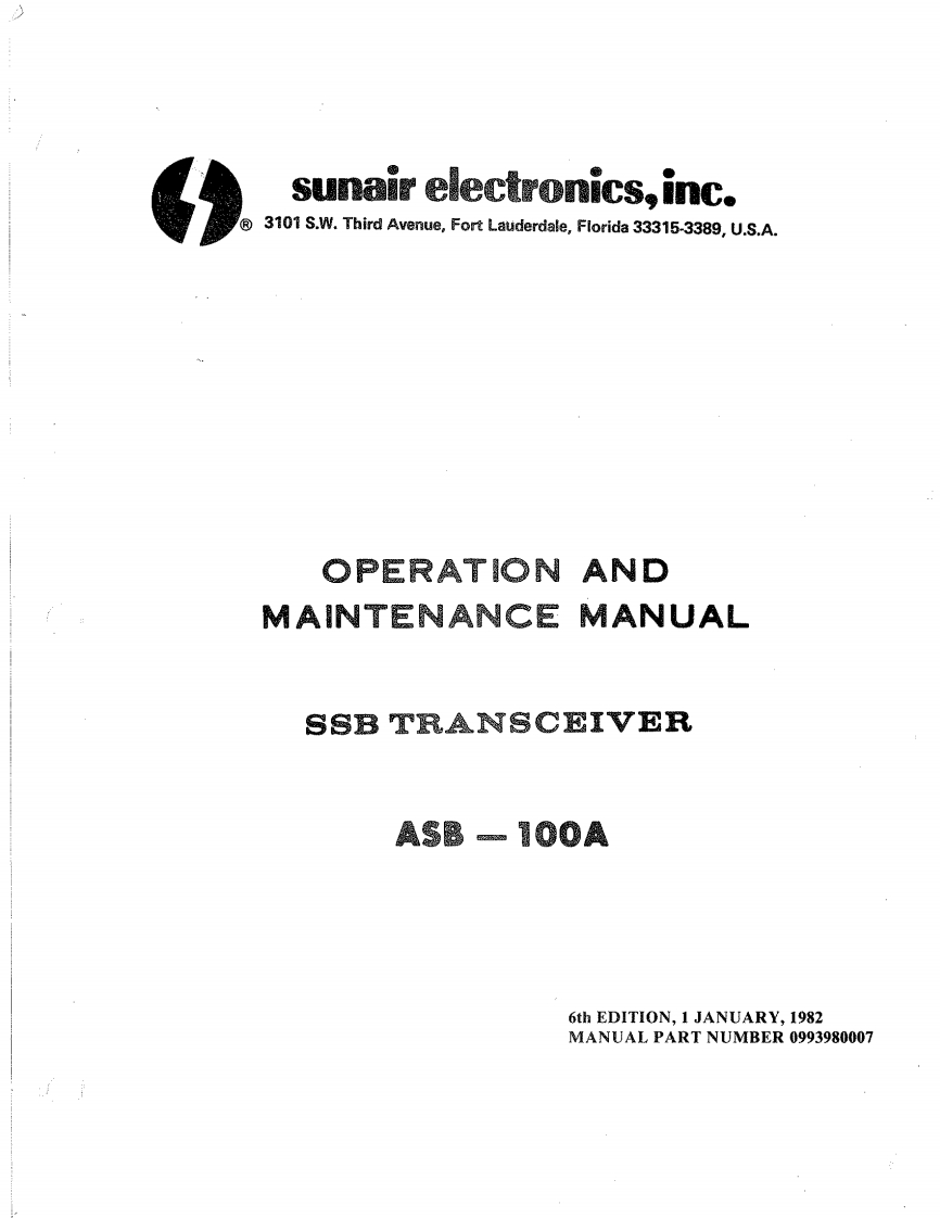 Sunair_ASB-100A_维修维护电器原理图手册_使用说明书手册_1982