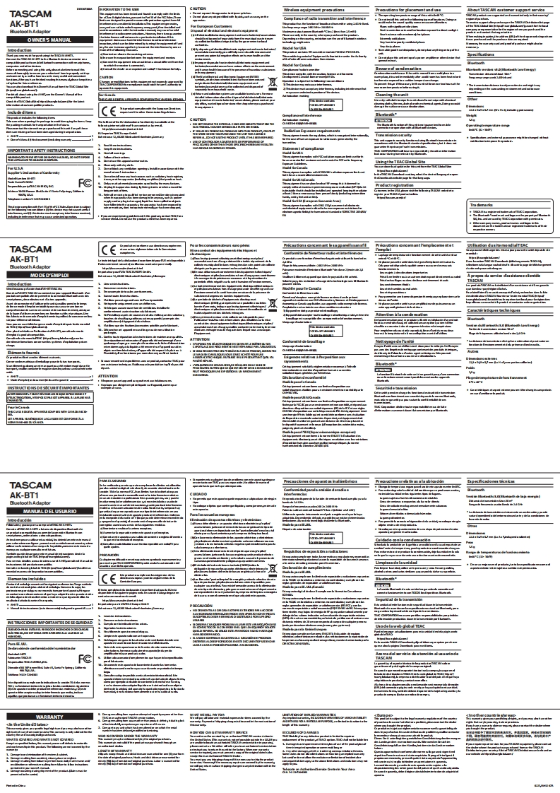 TASCAM-AK-BT1_OM_multi操作说明书手册