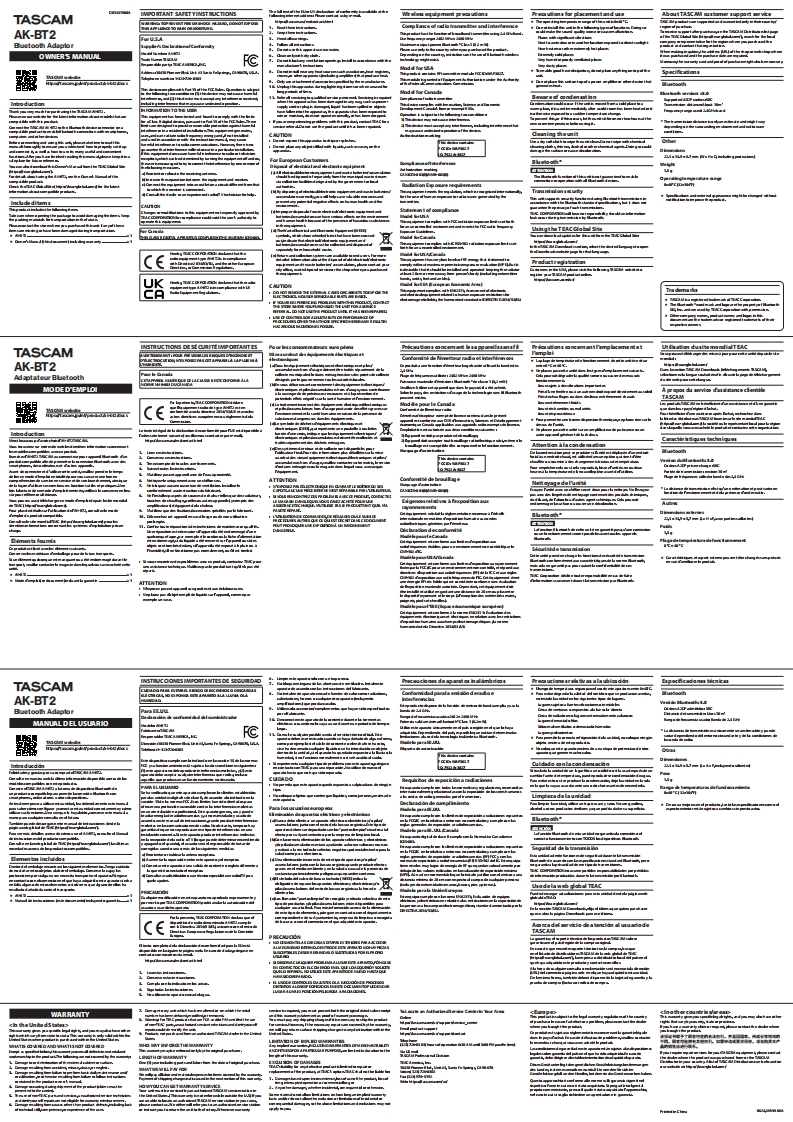 TASCAM-AK-BT2_OM_multi操作说明书手册