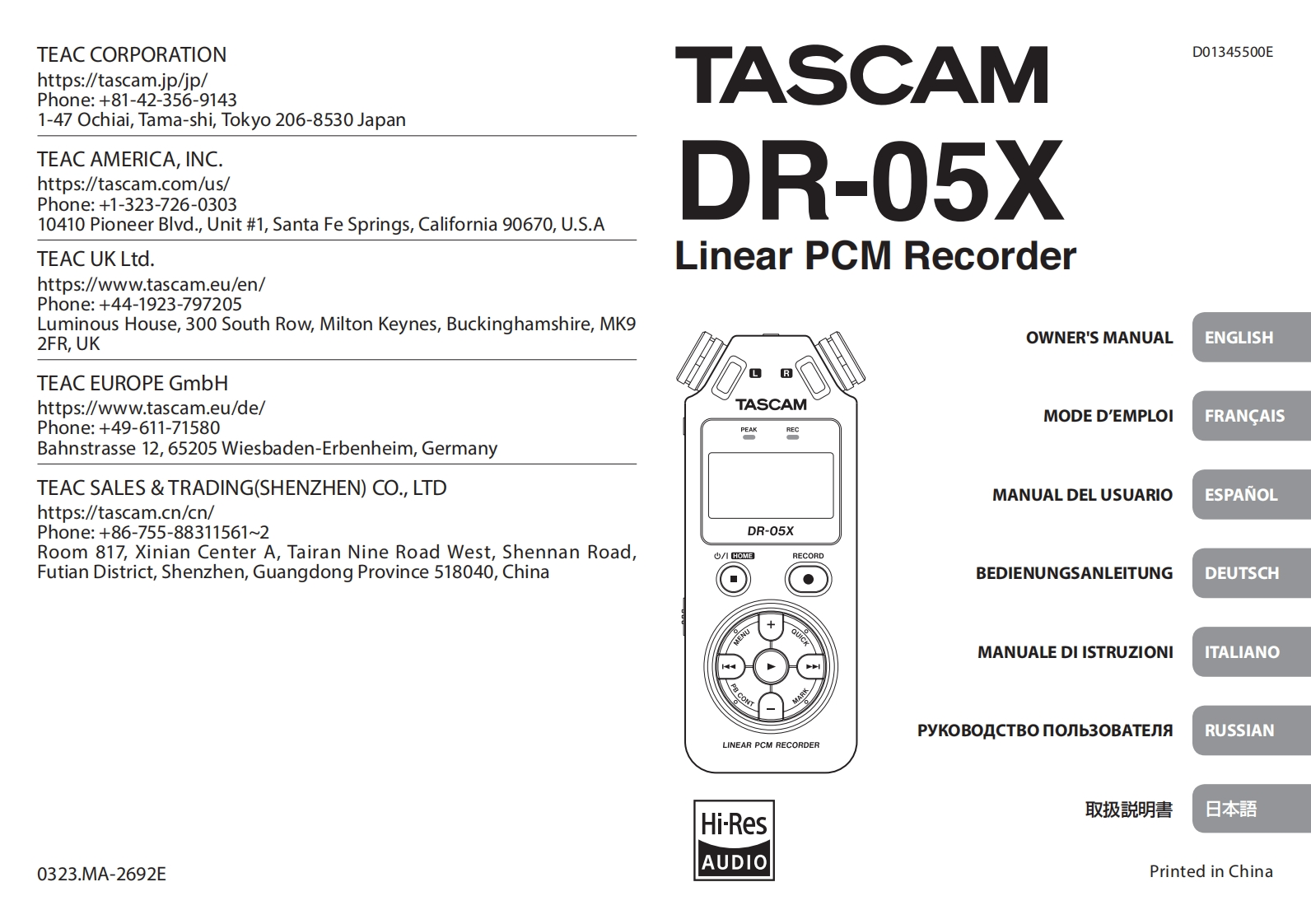TASCAM-DR-05X_OM_multi操作说明书手册_RevE