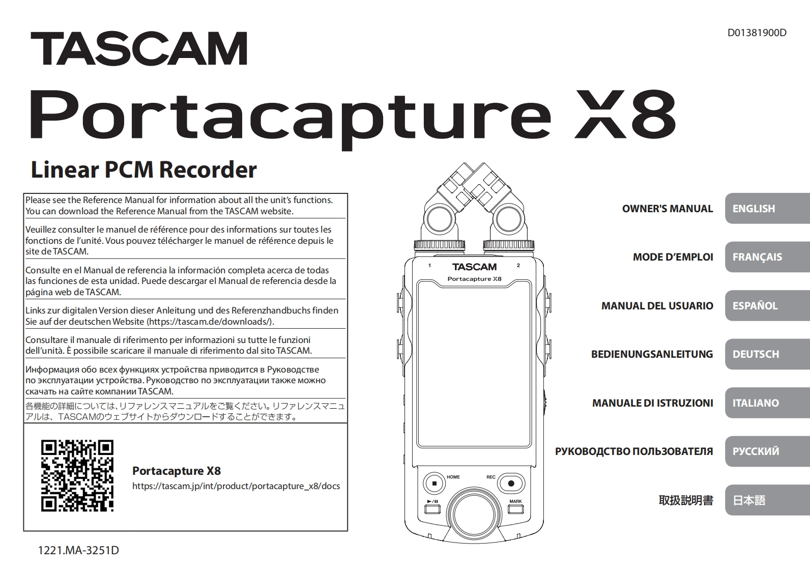 TASCAM-Portacapture_X8_OM_multi操作说明书手册_RevD