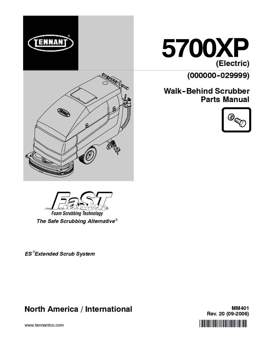 TENNANT坦能5700XP-(Electric)-(000000-029999)-Walk-Behind-Scrubber-Parts-Manua零部件说明书手册含电器原理图手册