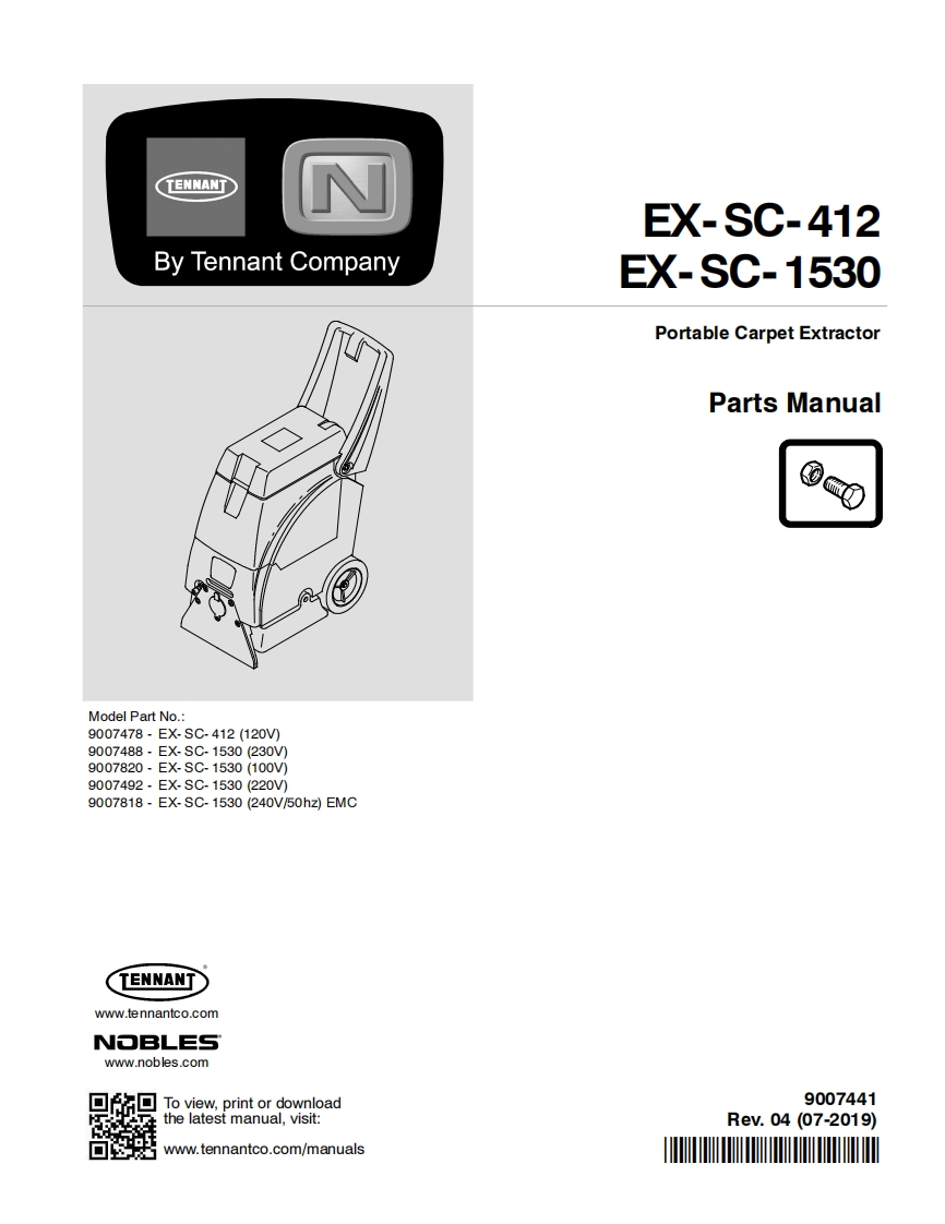 TENNANT坦能EX-SC-412-EX-SC-1530-Portable-Carpet-Extractor零部件与电器原理图手册