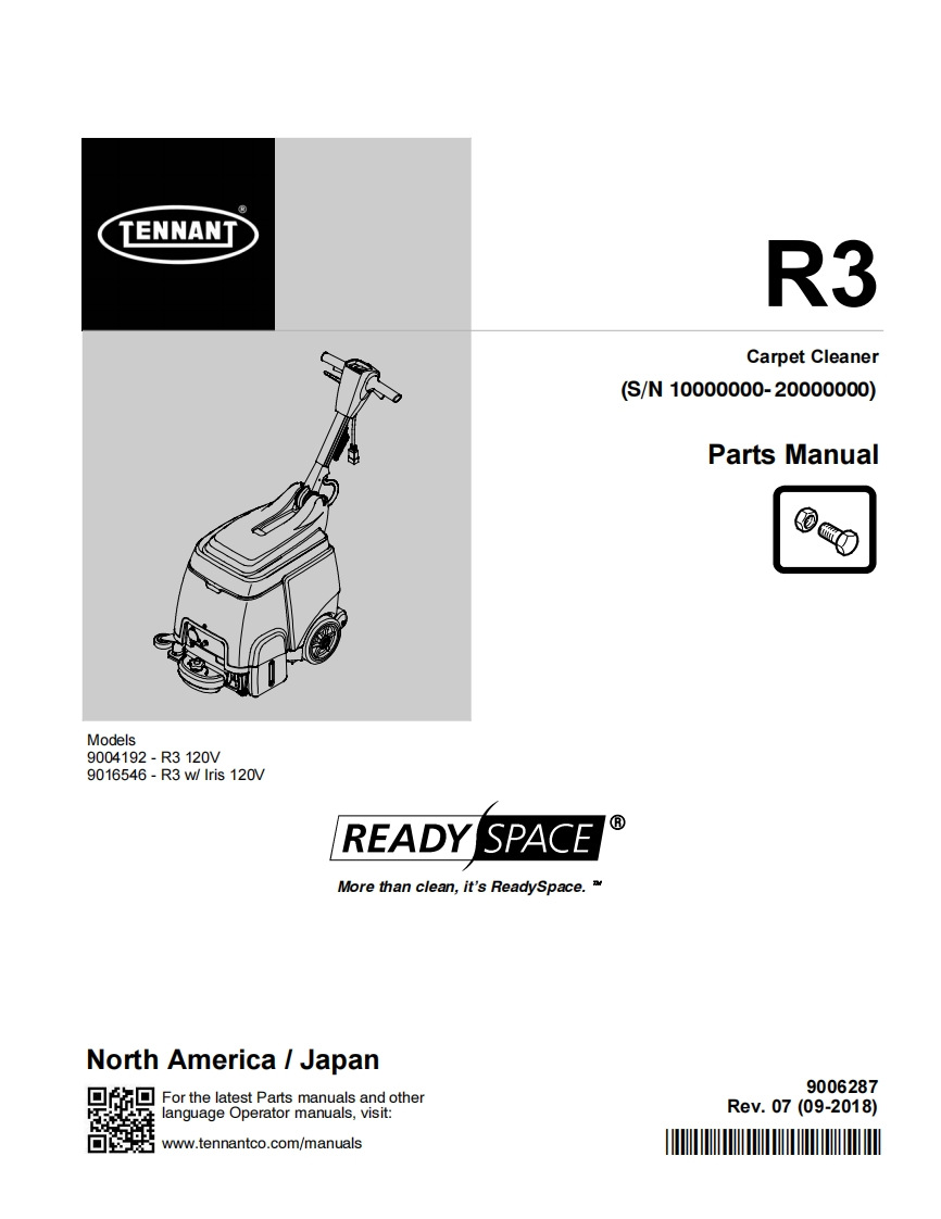 TENNANT坦能R3-Carpet-Cleaner-(S_N-10000000-20000000)零部件说明书手册含电器原理图手册