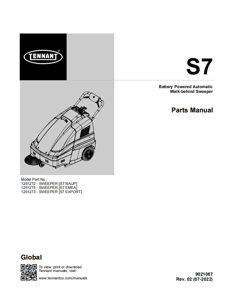 TENNANT坦能S7-Battery-Powered-Automatic-Walk-behind-Sweeper零部件说明书手册含电器原理图手册