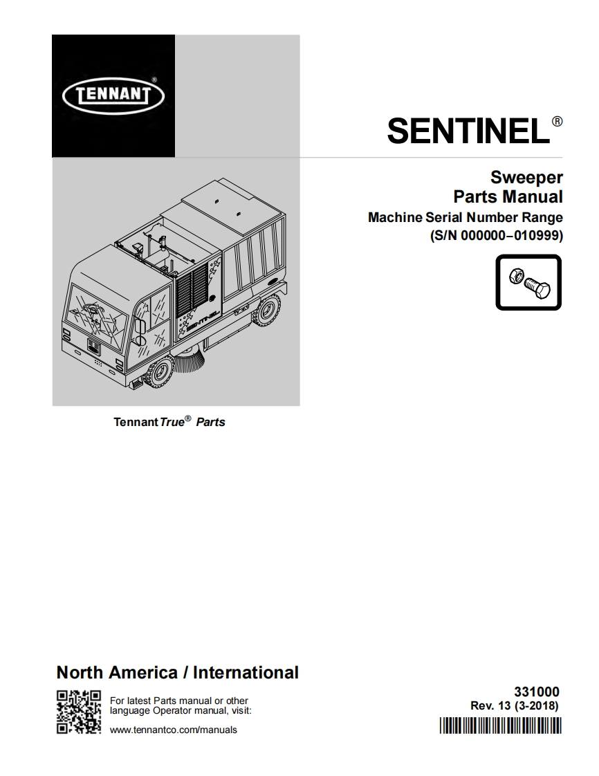 TENNANT坦能SENTINEL-Sweeper-Parts-Manua-Machine-Serial-Number-Range-(S_N-000000-010999)零部件说明书手册含电器原理图手册