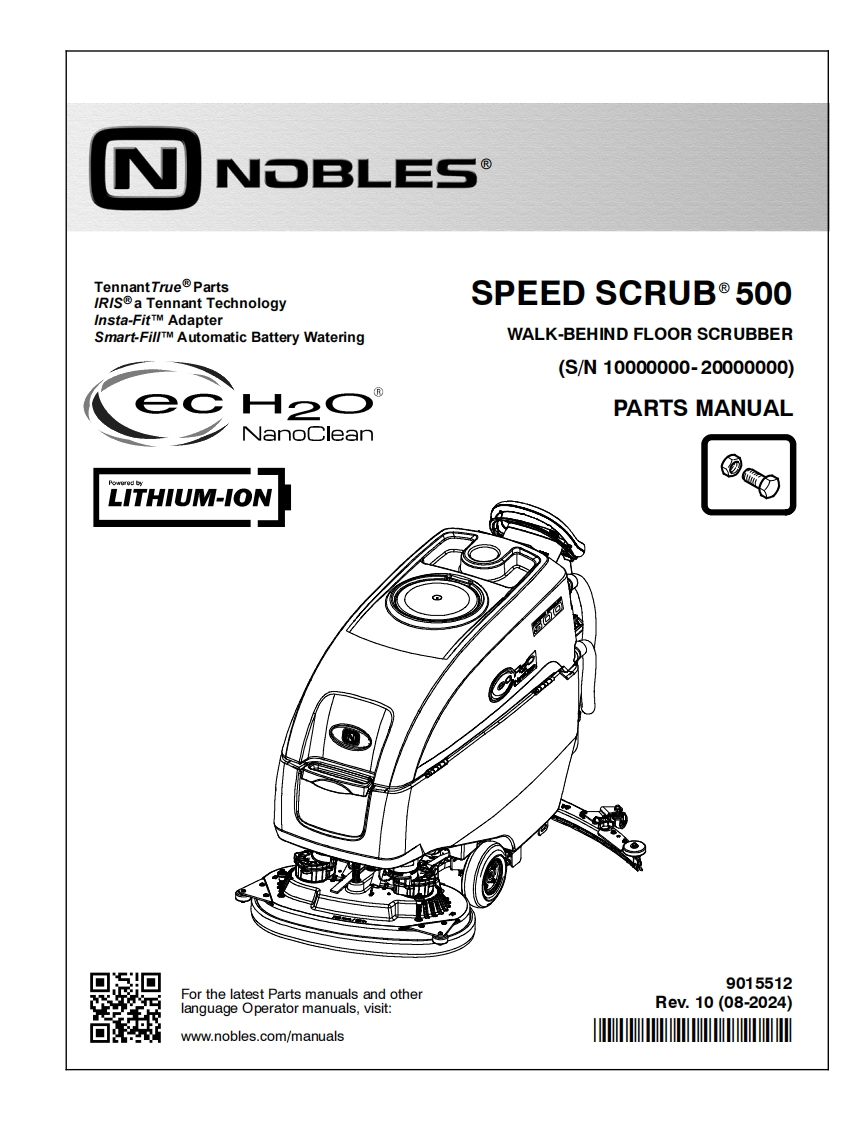 TENNANT坦能SPEED-SCRUB°500-WALK-BEHIND-FLOOR-SCRUBBER-(S_N-10000000-20000000)零部件说明书手册含电器原理图手册