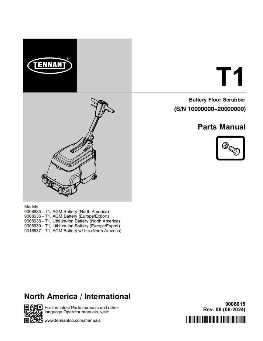 TENNANT坦能T1-Battery-Floor-Scrubber-(S_N-10000000-20000000)_1零部件说明书手册含电器原理图手册