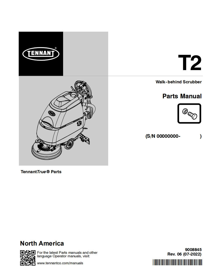 TENNANT坦能T2-Walk--behind-Scrubber-Parts-Manua零部件说明书手册含电器原理图手册