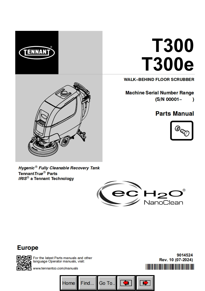 TENNANT坦能T300-T300e-WALK-BEHIND-FLOOR-SCRUBBER-Machine-Serial-Number-Range零部件说明书手册含电器原理图手册