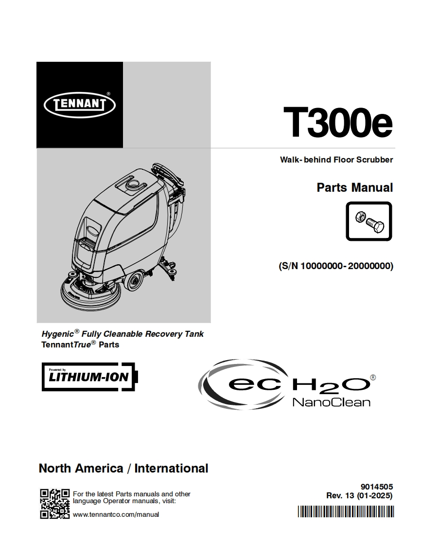 TENNANT坦能T300e-Walk-behind-Floor-Scrubber-Parts-Manua零部件说明书手册含电器原理图手册
