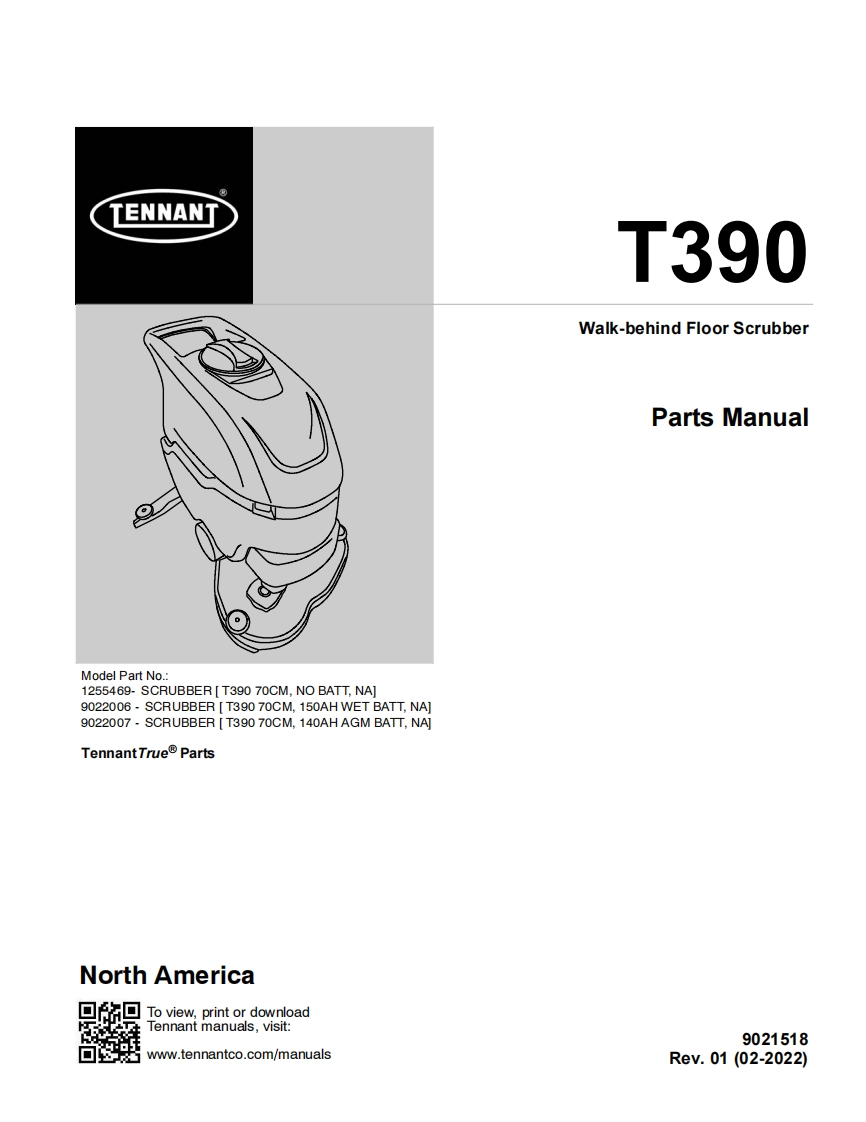 TENNANT坦能T390-Walk-behind-Floor-Scrubber零部件说明书手册含电器原理图手册