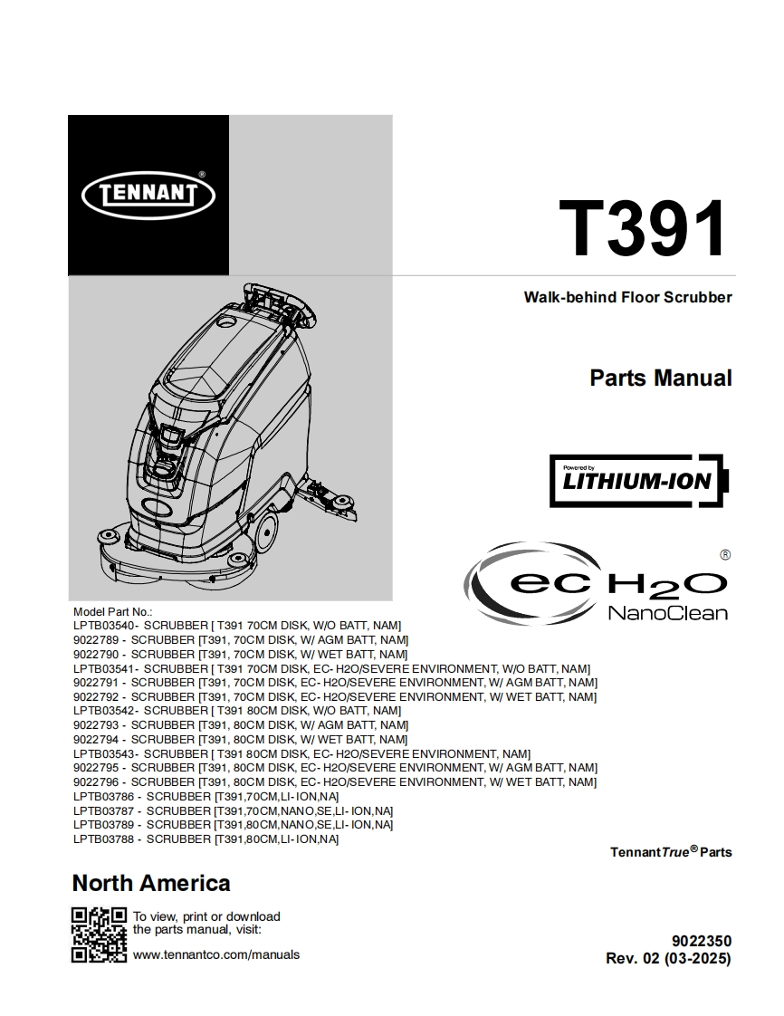 TENNANT坦能T391-Walk-behind-Floor-Scrubber零部件说明书手册含电器原理图手册