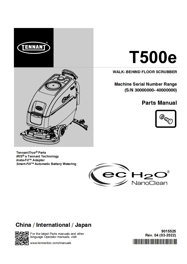 TENNANT坦能T500e-WALK-BEHIND-FLOOR-SCRUBBER-Machine-Serial-Number-Range零部件说明书手册含电器原理图手册