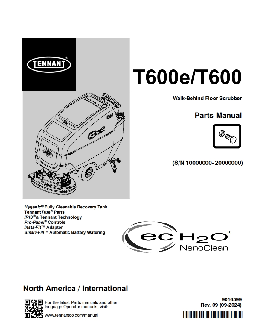 TENNANT坦能T600e_T600-Walk-Behind-Floor-Scrubber-Parts-Manua零部件说明书手册含电器原理图手册