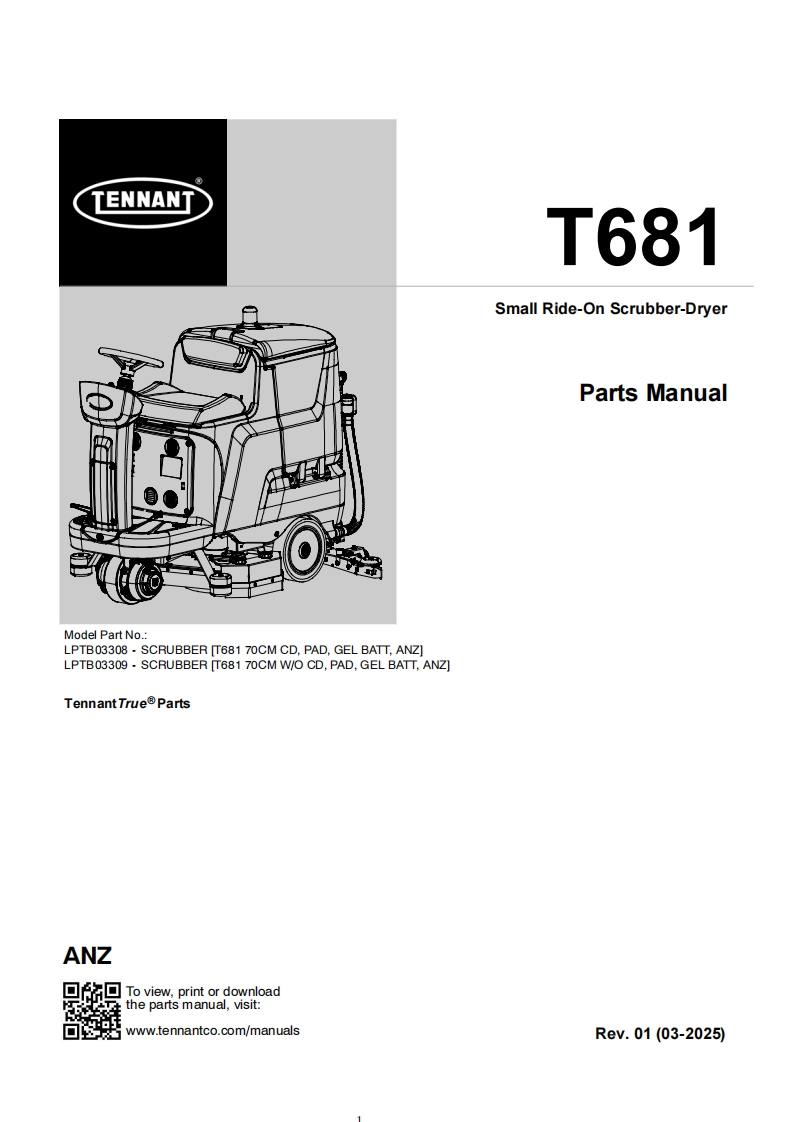 TENNANT坦能T681-Small-Ride-On-Scrubber-Dryer_1零部件说明书手册含电器原理图手册
