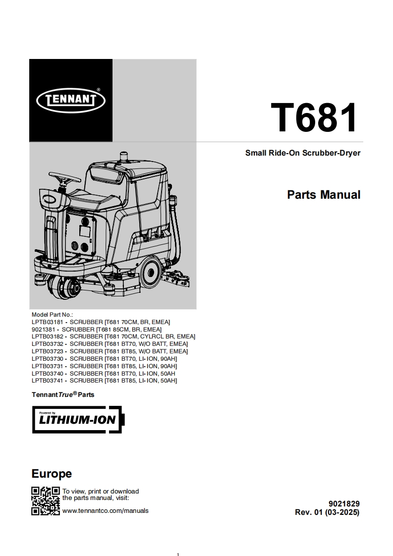 TENNANT坦能T681-Small-Ride-On-Scrubber-Dryer零部件说明书手册含电器原理图手册-找手册网