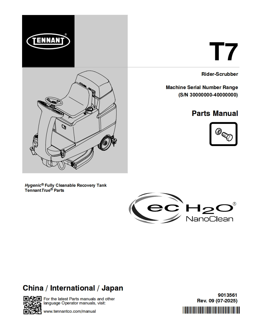 TENNANT坦能T7-Rider-Scrubber-Machine-Serial-Number-Range零部件与电器原理图手册
