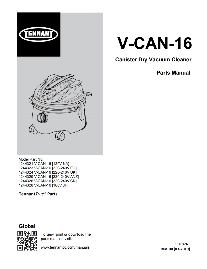 TENNANT坦能V-CAN-16-Canister-Dry-Vacuum-Cleaner-Parts-Manua零部件说明书手册含电器原理图手册